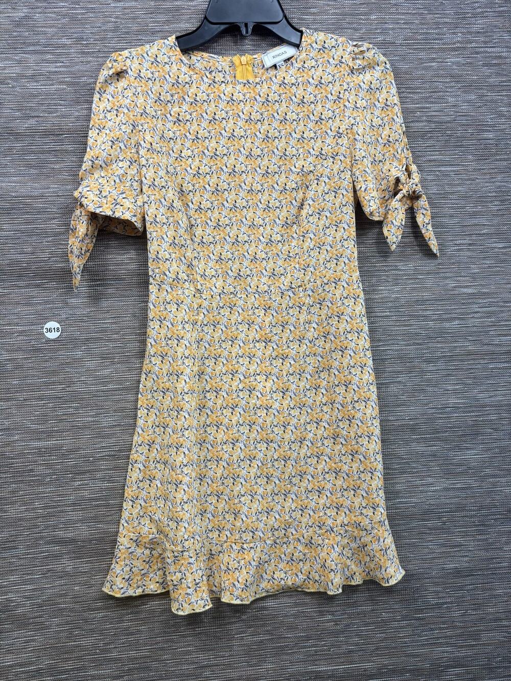 Rihoas Dress Womens Size XS Yellow Floral Puff Sleeve Tie Short Sundress Boho